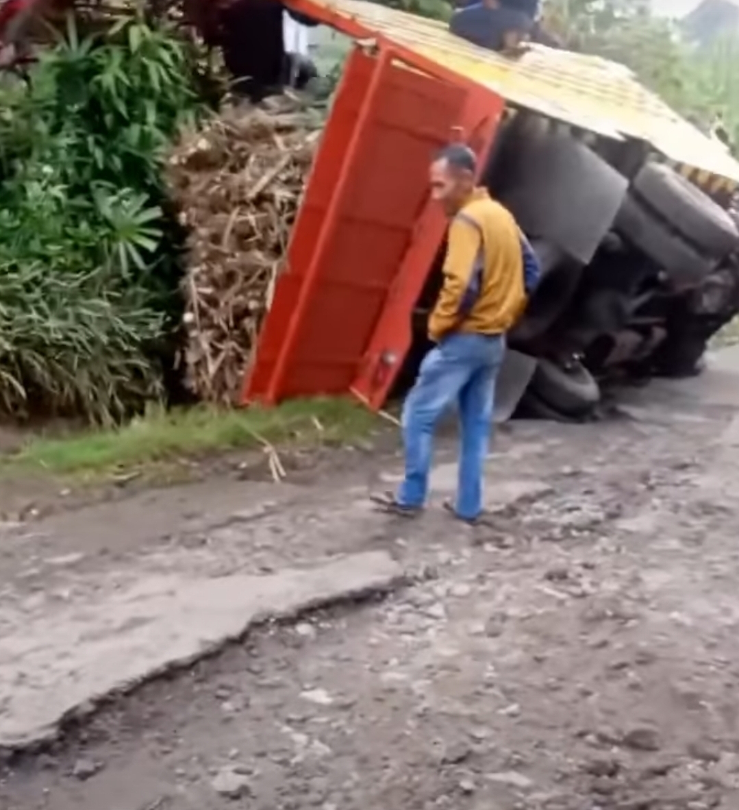 Truk Pembawa Tebu Terbalik di Jalan Kabupaten, Warga Minta Perhatian Pemerintah