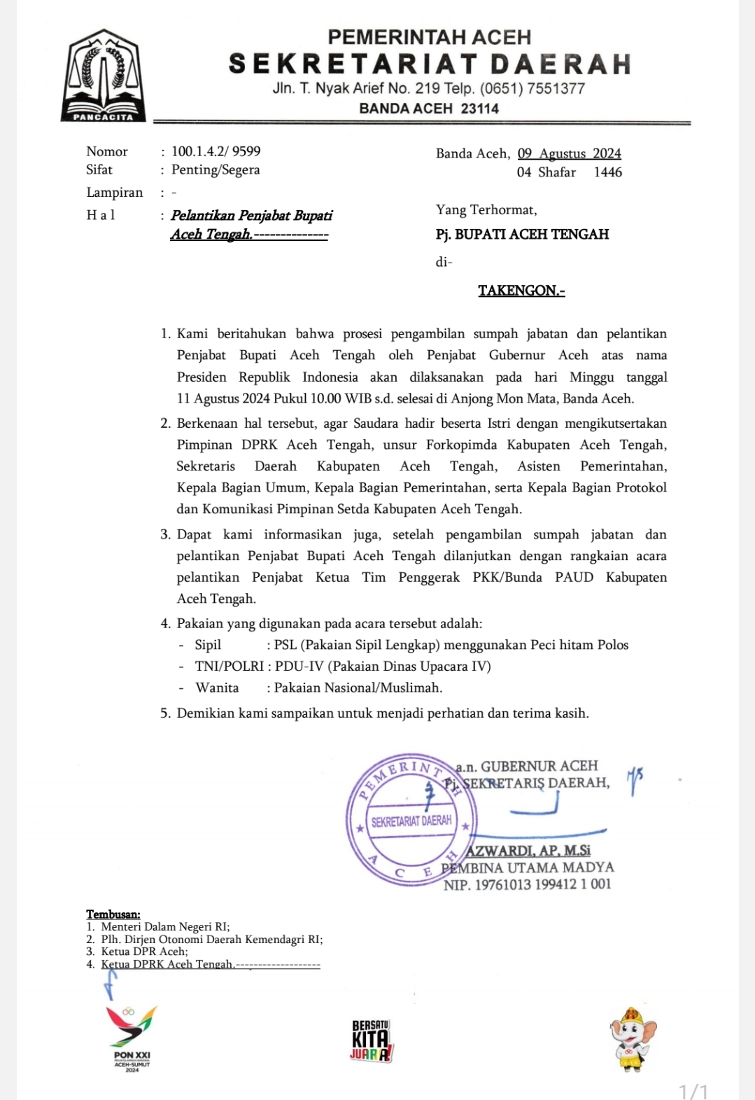 Surat Pelantikan Penjabat Bupati Aceh Tengah Beredar Luas di Takengon