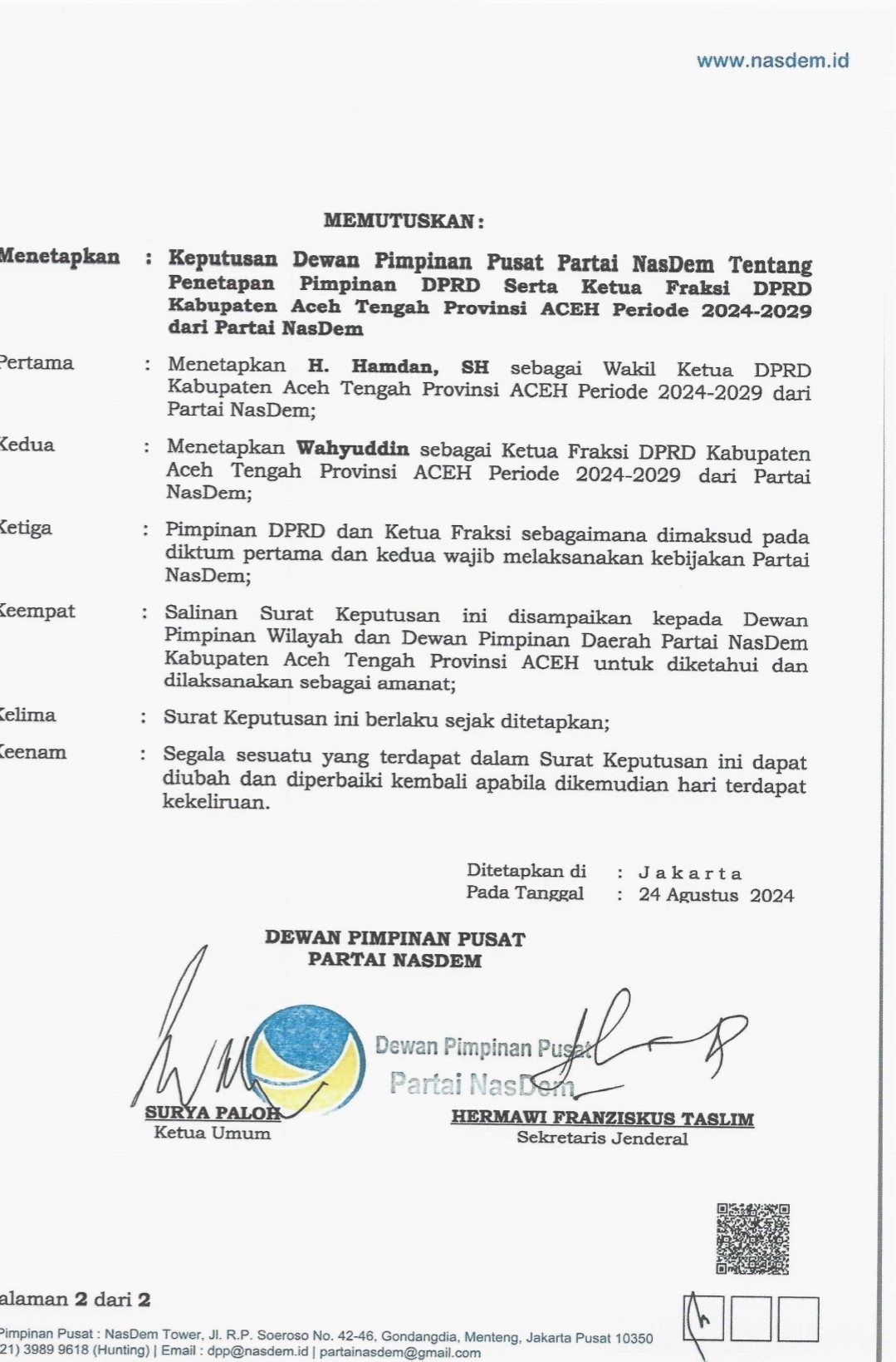 Politisi H. Hamdan, SH Direstui Surya Paloh Jabat Wakil Pimpinan DPRK Aceh Tengah