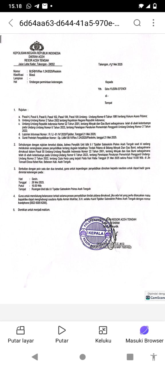 Beritakan, Diduga Minyak Oplosan, Wartawan Aceh Tengah Dipanggil Polres
