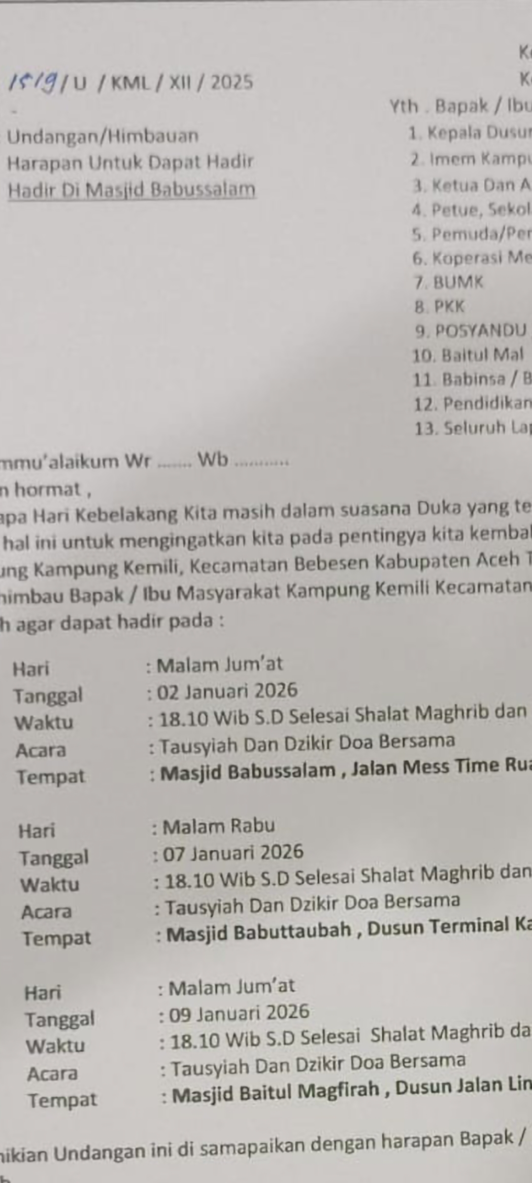 Reje Kemili, Fajaruddin Undang Masyarakat Takengon Zikir Bersama Malam Ini